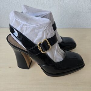 Sam Edelman Black Patent Mary Jane Slingback Heels with Gold Buckle Accent